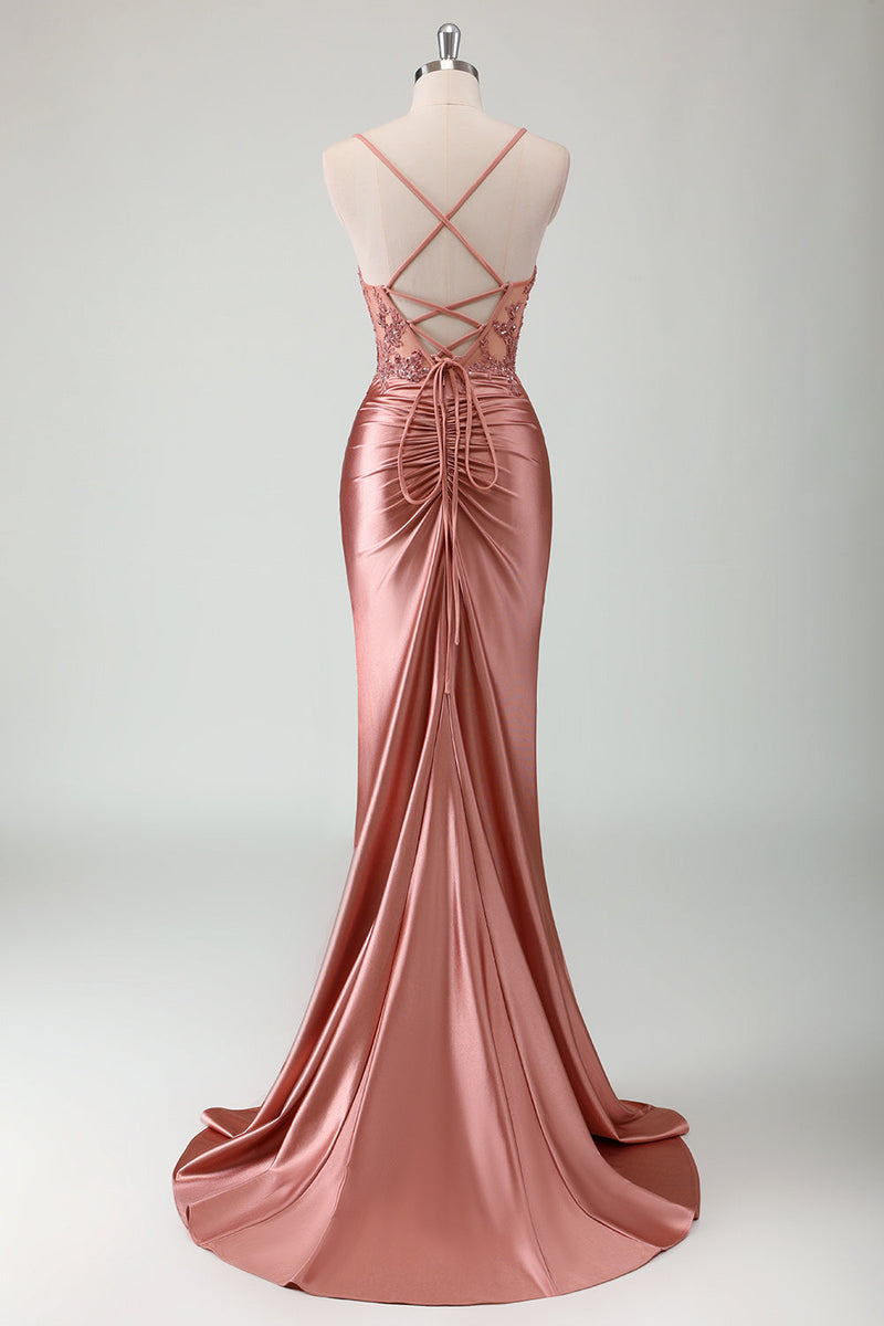 Laden Sie das Bild in den Galerie-Viewer, Glitzer Grün Meerjungfrauen Rückenfrei Korsett Satin Langes Ballkleid mit Schlitz
