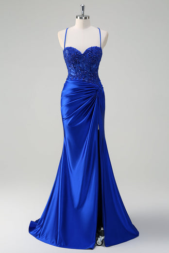 Glitzer Grün Meerjungfrauen Rückenfrei Korsett Satin Langes Ballkleid mit Schlitz