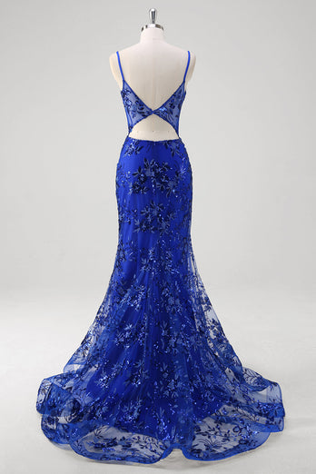 Glitzer Königsblau Meerjungfrau Spaghettiträger Korsett Langes Ballkleid mit Stickerei