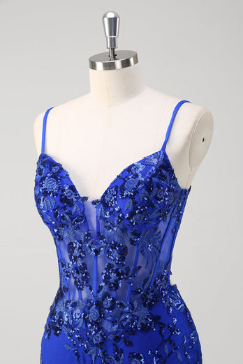 Glitzer Dunkelgrün Meerjungfrau Rückenfrei Korsett Langes Ballkleid mit Stickerei