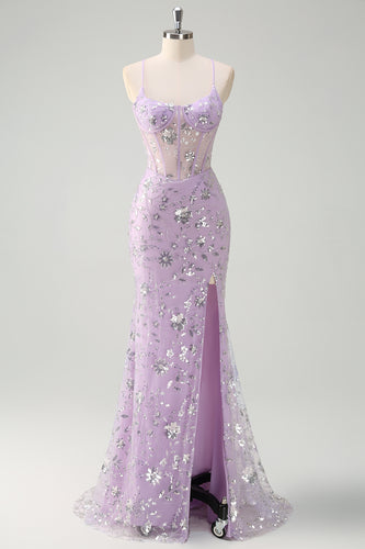 Glitzer Flieder Korsett Spaghettiträger Langes Abendkleid mit Perlen