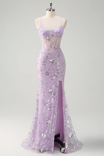 Lila Meerjungfrau Spaghettiträger Korsett Pailletten Tüll Langes Ballkleid mit Schlitz