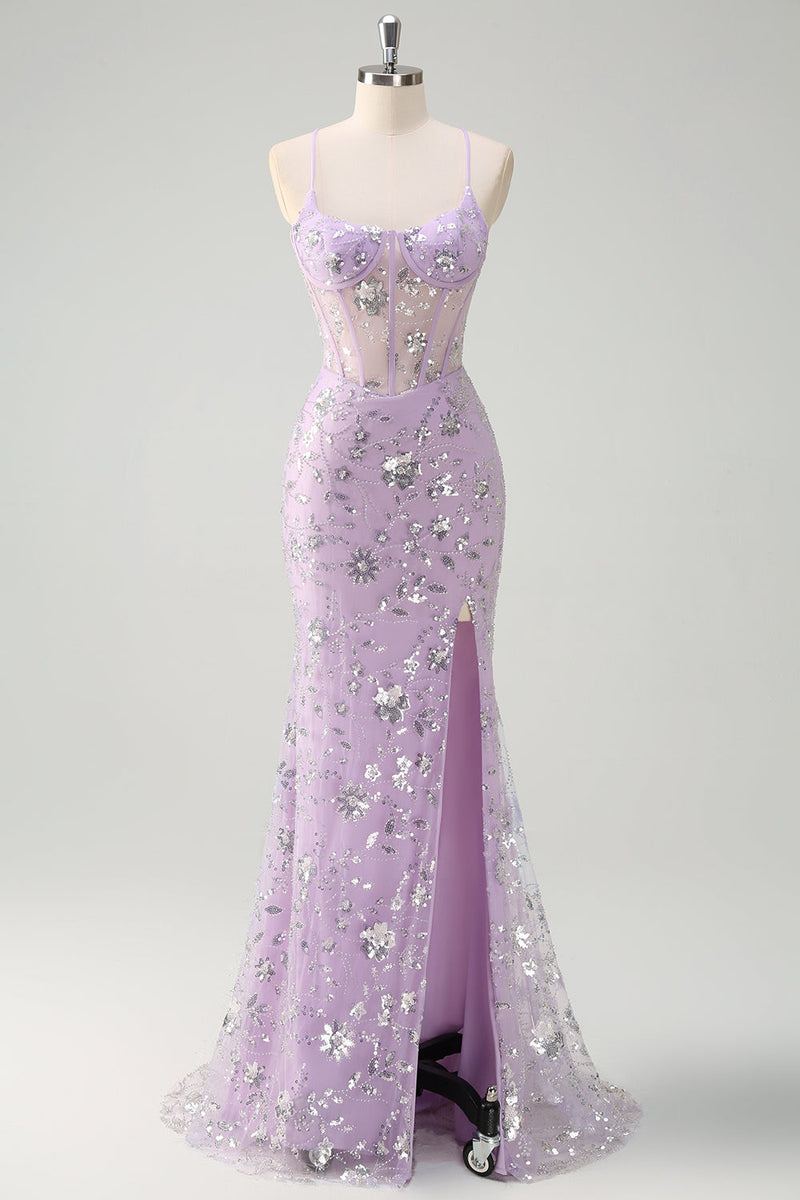 Laden Sie das Bild in den Galerie-Viewer, Lila Meerjungfrau Spaghettiträger Korsett Pailletten Tüll Langes Ballkleid mit Schlitz