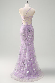 Glitzer Flieder Korsett Spaghettiträger Langes Abendkleid mit Perlen