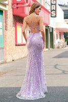 Laden Sie das Bild in den Galerie-Viewer, Lila Meerjungfrau Spaghettiträger Korsett Pailletten Langes Ballkleid mit Schlitz