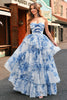 Laden Sie das Bild in den Galerie-Viewer, Weißblau A Linie Trägerloses Langes Ballkleid mit Rüschen Schleifen