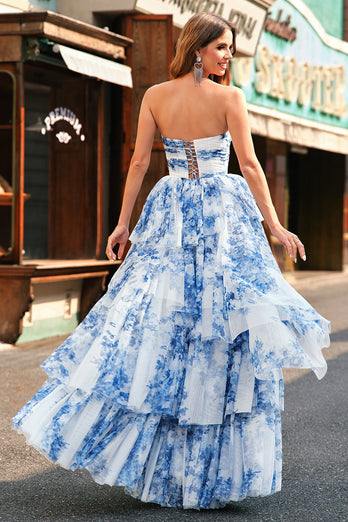 Weißblau A Linie Trägerloses Langes Ballkleid mit Rüschen Schleifen