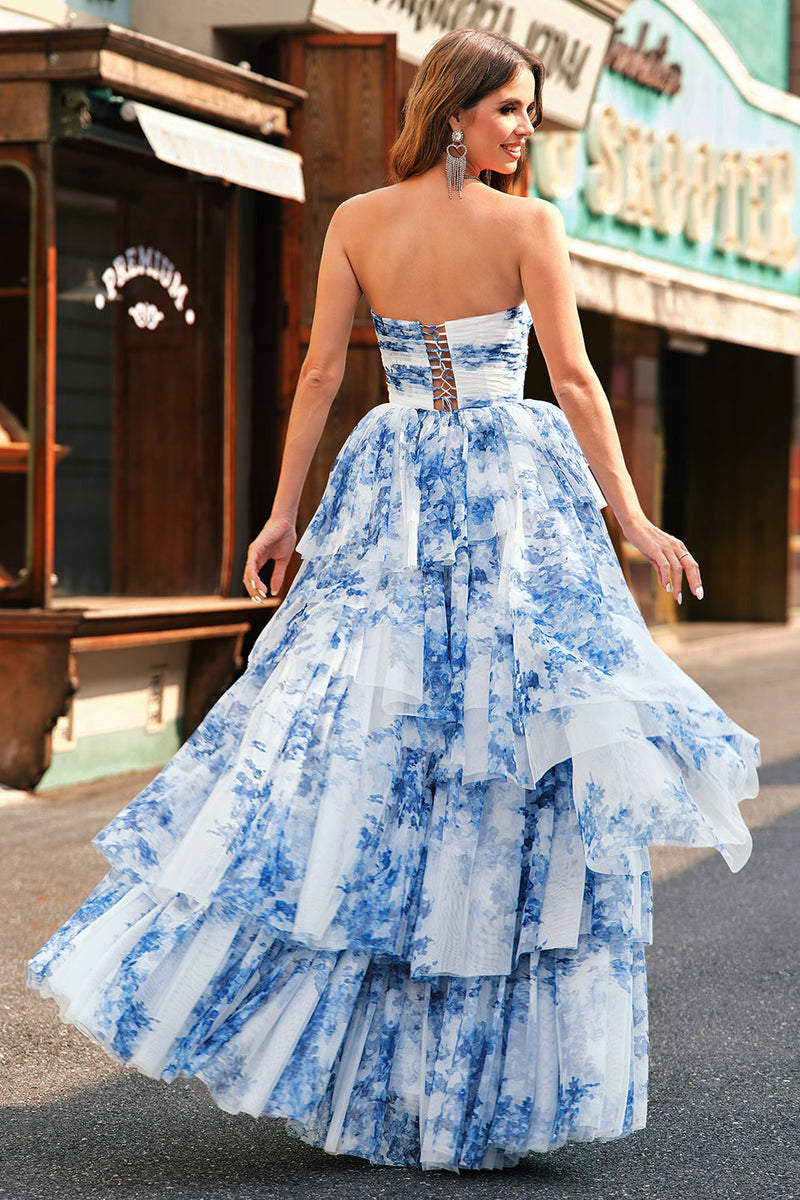 Laden Sie das Bild in den Galerie-Viewer, Weißblau A Linie Trägerloses Langes Ballkleid mit Rüschen Schleifen