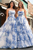 Laden Sie das Bild in den Galerie-Viewer, Weißblau A Linie Trägerloses Langes Ballkleid mit Rüschen Schleifen