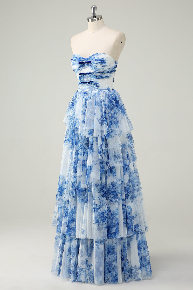 Laden Sie das Bild in den Galerie-Viewer, Weißblau A Linie Schulterfrei Langes Ballkleid mit Rüschen