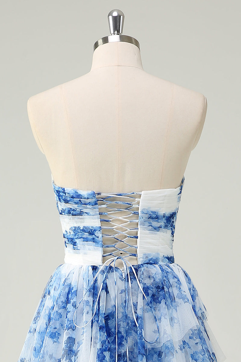 Laden Sie das Bild in den Galerie-Viewer, Weißblau A Linie Schulterfrei Langes Ballkleid mit Rüschen