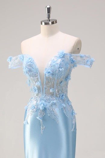Glitzer Himmelblau Meerjungfrauen Schulterfrei Korsett Langes Abendkleid