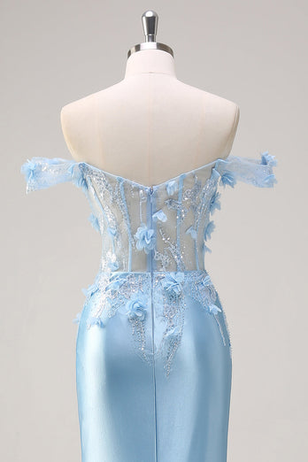 Glitzer Himmelblau Meerjungfrauen Schulterfrei Korsett Langes Abendkleid