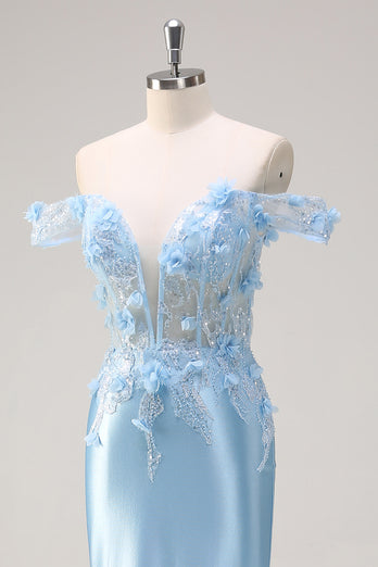 Glitzer Himmelblau Meerjungfrauen Schulterfrei Korsett Langes Abendkleid