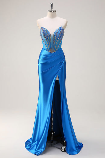 Blaue Meerjungfrau Trägerloses Perlen Korsett Langes Ballkleid mit Schlitz