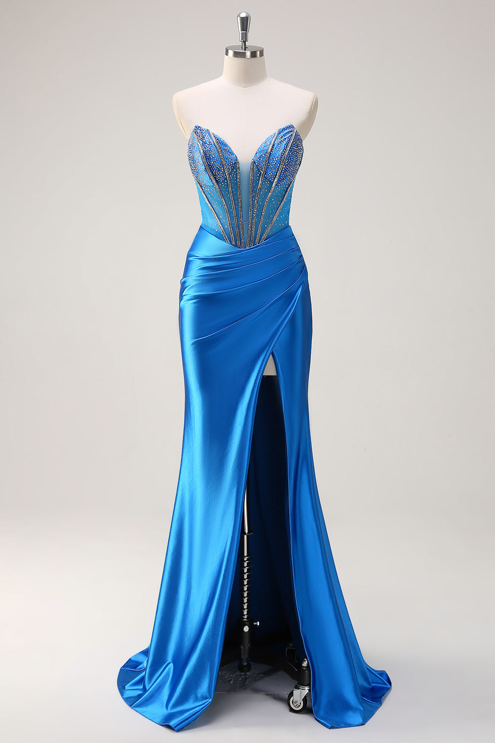 Blaue Meerjungfrau Trägerloses Perlen Korsett Langes Ballkleid mit Schlitz