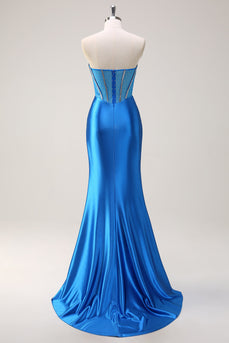 Blaue Meerjungfrau Trägerloses Perlen Korsett Langes Ballkleid mit Schlitz