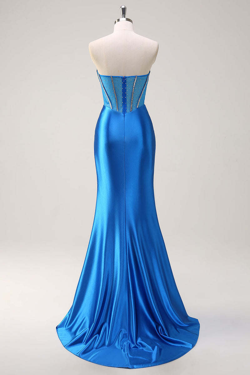 Laden Sie das Bild in den Galerie-Viewer, Blaue Meerjungfrau Trägerloses Perlen Korsett Langes Ballkleid mit Schlitz