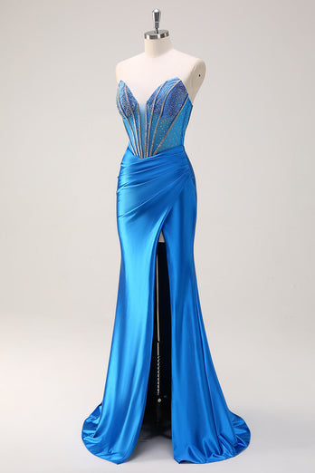 Blaue Meerjungfrau Trägerloses Perlen Korsett Langes Ballkleid mit Schlitz