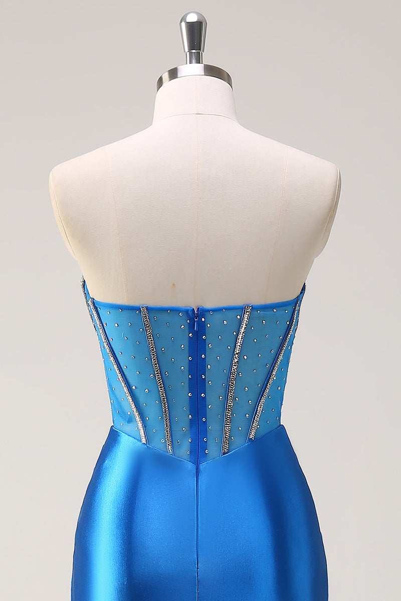 Laden Sie das Bild in den Galerie-Viewer, Blaue Meerjungfrau Trägerloses Perlen Korsett Langes Ballkleid mit Schlitz