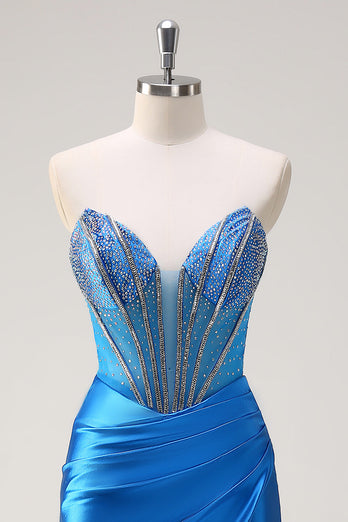 Blaue Meerjungfrau Trägerloses Perlen Korsett Langes Ballkleid mit Schlitz
