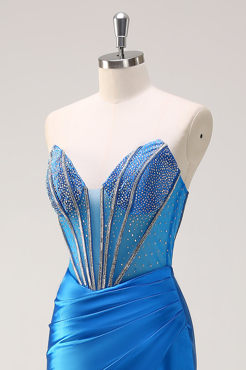 Laden Sie das Bild in den Galerie-Viewer, Blaue Meerjungfrau Trägerloses Perlen Korsett Langes Ballkleid mit Schlitz