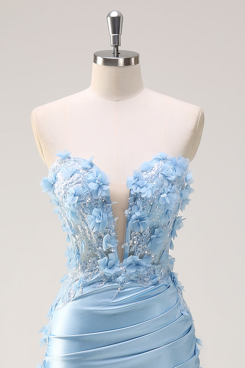Laden Sie das Bild in den Galerie-Viewer, Himmelblau Meerjungfrau Trägerloses Pailletten Langes Ballkleid mit Applikationen