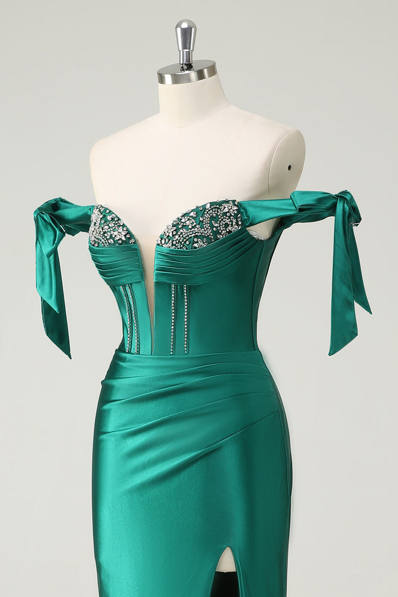 Laden Sie das Bild in den Galerie-Viewer, Dunkelgrün Meerjungfrau Schulterfreie Pailletten Langes Ballkleid mit Schlitz