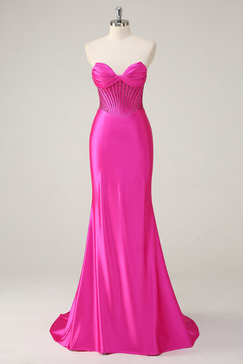 Fuchsia Meerjungfrau Trägerloses Korsett Langes Ballkleid