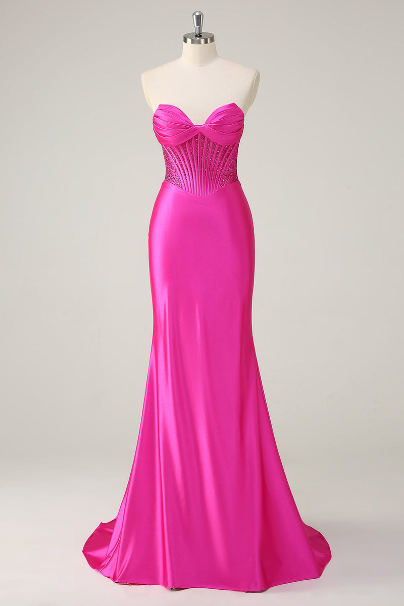 Laden Sie das Bild in den Galerie-Viewer, Fuchsia Meerjungfrau Trägerloses Korsett Langes Ballkleid