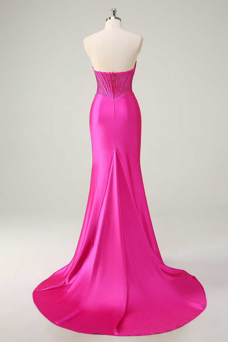 Laden Sie das Bild in den Galerie-Viewer, Fuchsia Meerjungfrau Trägerloses Korsett Langes Ballkleid