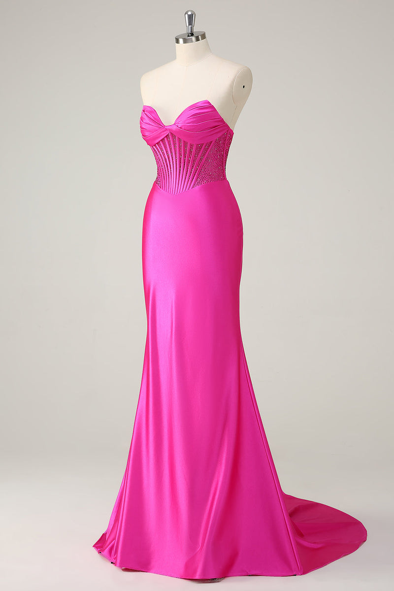 Laden Sie das Bild in den Galerie-Viewer, Fuchsia Meerjungfrau Trägerloses Korsett Langes Ballkleid