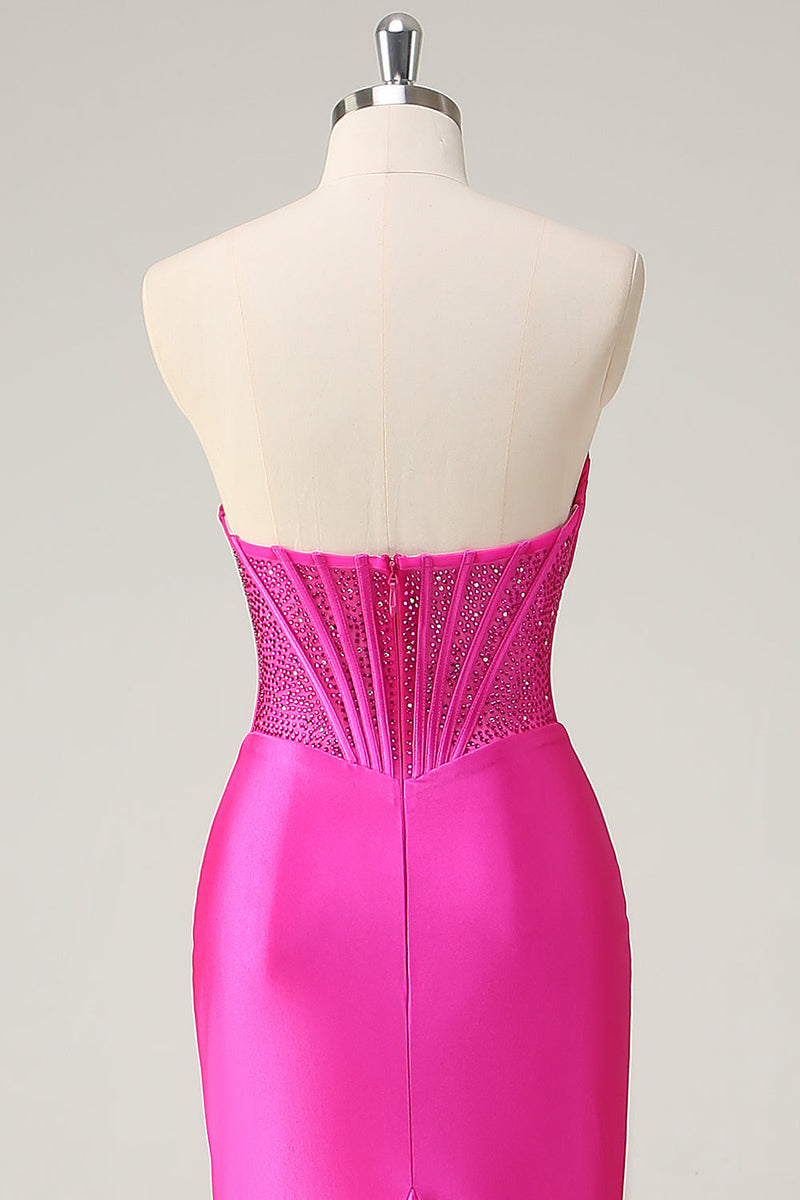 Laden Sie das Bild in den Galerie-Viewer, Fuchsia Meerjungfrau Trägerloses Korsett Langes Ballkleid