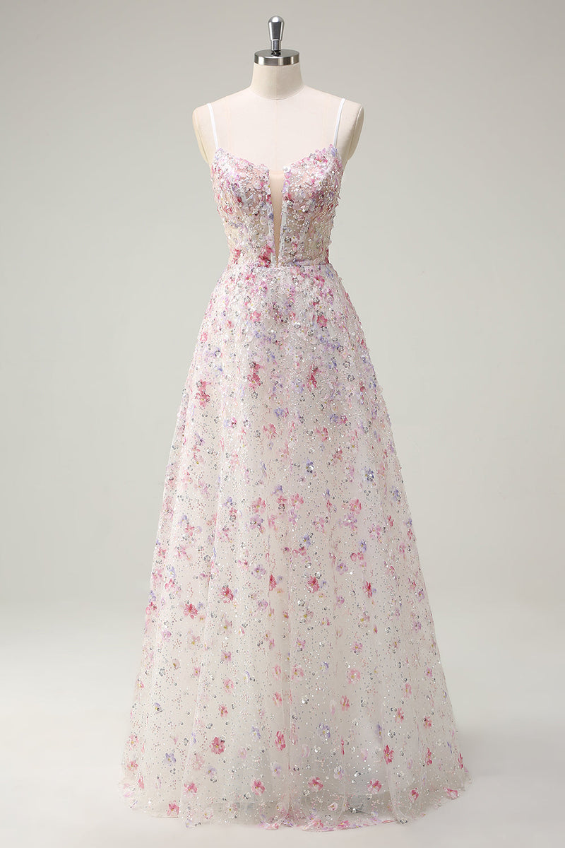 Laden Sie das Bild in den Galerie-Viewer, Glitzer Rosa A Linien Spaghettiträger Korsett Langes Ballkleid mit Stickerei