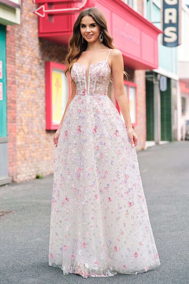 Laden Sie das Bild in den Galerie-Viewer, Glitzer Rosa A Linien Spaghettiträger Korsett Langes Ballkleid mit Stickerei