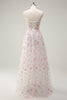 Laden Sie das Bild in den Galerie-Viewer, Glitzer Rosa A Linien Spaghettiträger Korsett Langes Ballkleid mit Stickerei