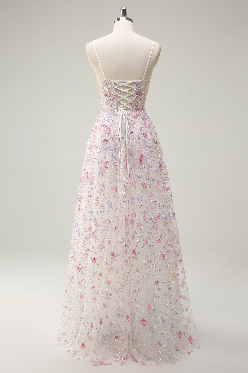 Laden Sie das Bild in den Galerie-Viewer, Glitzer Rosa A Linien Spaghettiträger Korsett Langes Ballkleid mit Stickerei