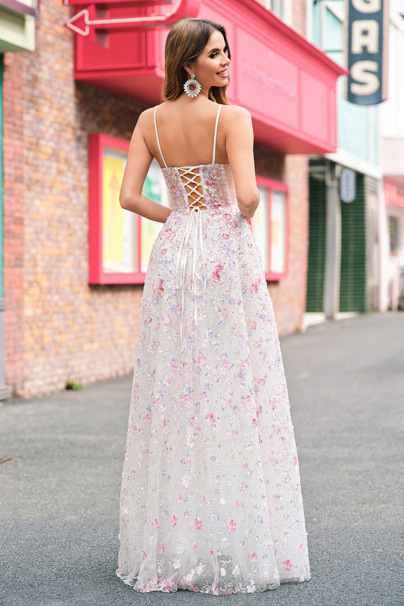 Laden Sie das Bild in den Galerie-Viewer, Glitzer Rosa A Linien Spaghettiträger Korsett Langes Ballkleid mit Stickerei