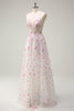 Laden Sie das Bild in den Galerie-Viewer, Glitzer Rosa A Linien Spaghettiträger Korsett Langes Ballkleid mit Stickerei
