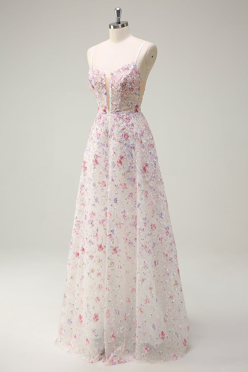 Laden Sie das Bild in den Galerie-Viewer, Glitzer Rosa A Linien Spaghettiträger Korsett Langes Ballkleid mit Stickerei
