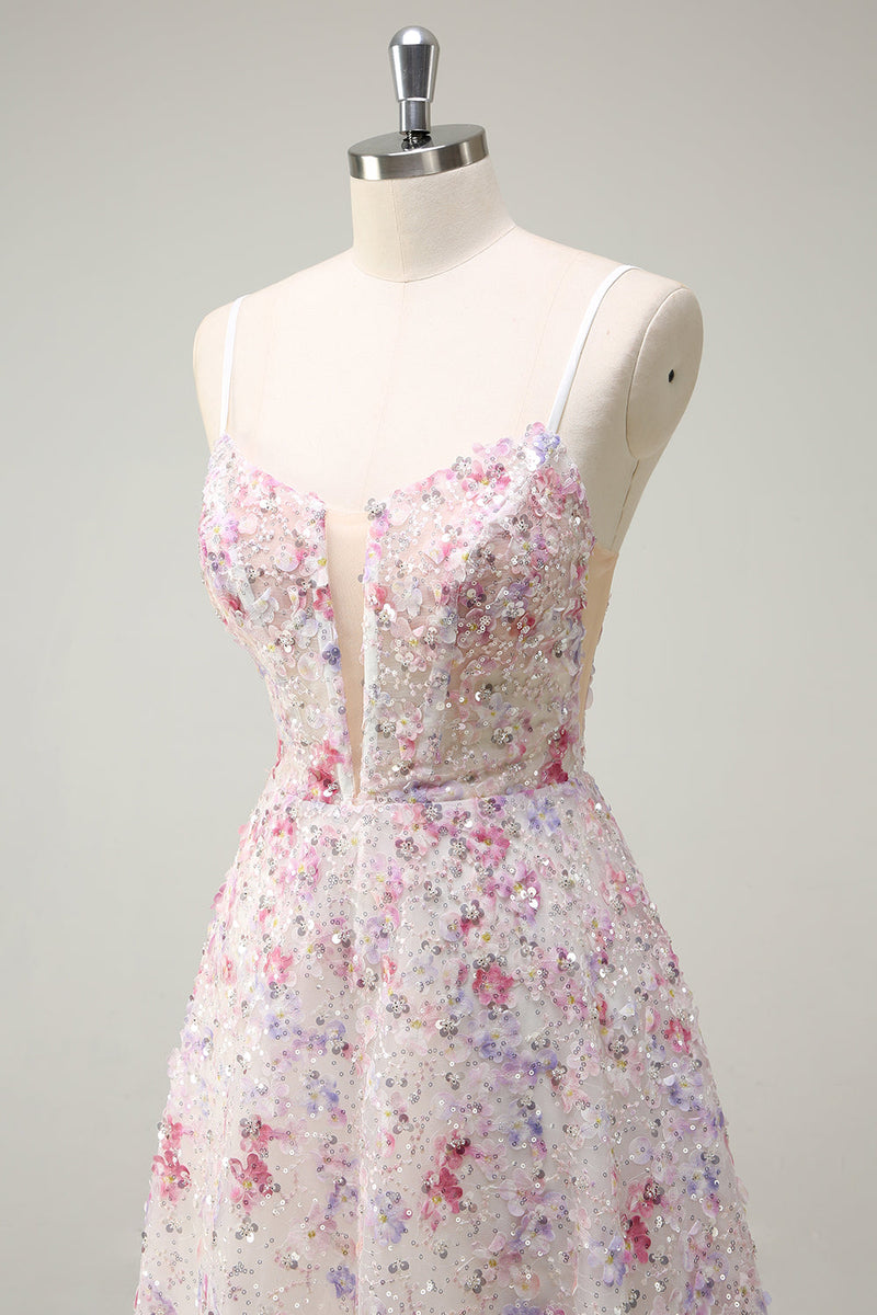 Laden Sie das Bild in den Galerie-Viewer, Glitzer Rosa A Linien Spaghettiträger Korsett Langes Ballkleid mit Stickerei