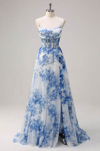 Weißblau A Linien Spaghettiträger Korsett Langes Ballkleid mit Schlitz