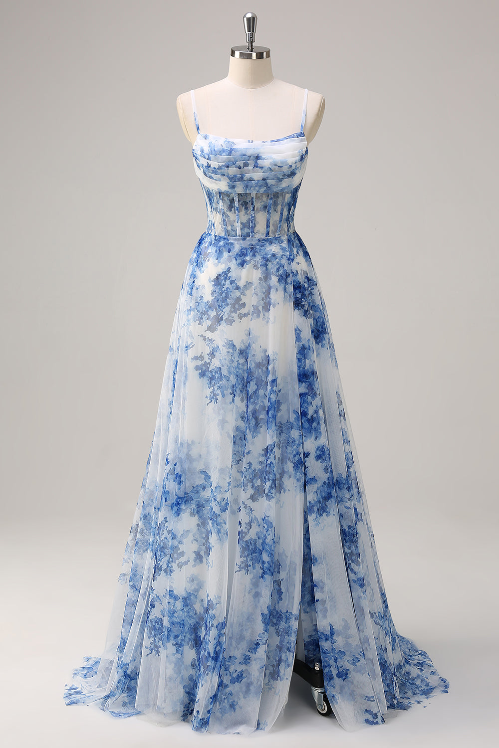 Weißblau A Linien Spaghettiträger Korsett Langes Ballkleid mit Schlitz
