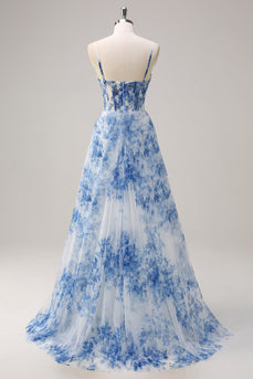 Weißblau A Linien Spaghettiträger Korsett Langes Ballkleid mit Schlitz