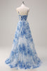 Laden Sie das Bild in den Galerie-Viewer, Weißblau A Linie Spaghettiträger Korsett Langes Ballkleid mit Schlitz