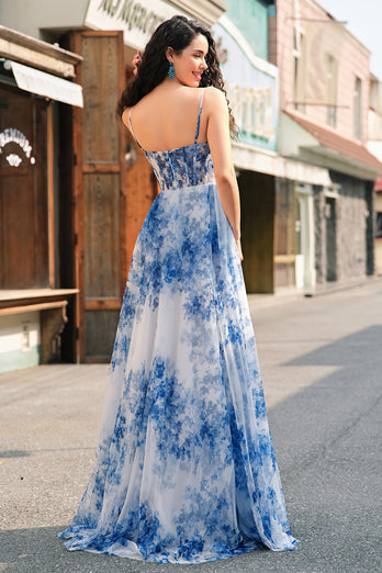 Weißblau A Linien Spaghettiträger Korsett Langes Ballkleid mit Schlitz