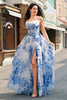 Laden Sie das Bild in den Galerie-Viewer, Weißblau A Linie Spaghettiträger Korsett Langes Ballkleid mit Schlitz