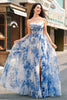 Laden Sie das Bild in den Galerie-Viewer, Weißblau A Linie Spaghettiträger Korsett Langes Ballkleid mit Schlitz