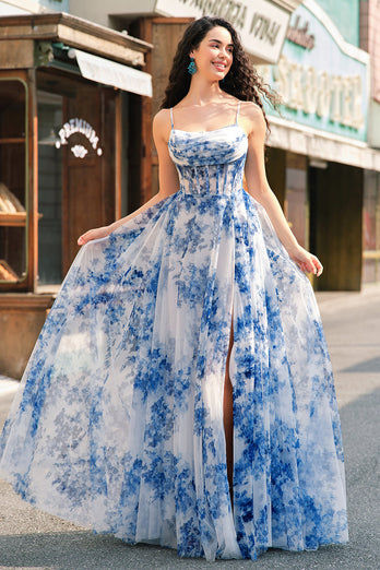 Weißblau A Linie Spaghettiträger Korsett Langes Ballkleid mit Schlitz
