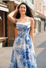 Laden Sie das Bild in den Galerie-Viewer, Weißblau A Linie Spaghettiträger Korsett Langes Ballkleid mit Schlitz